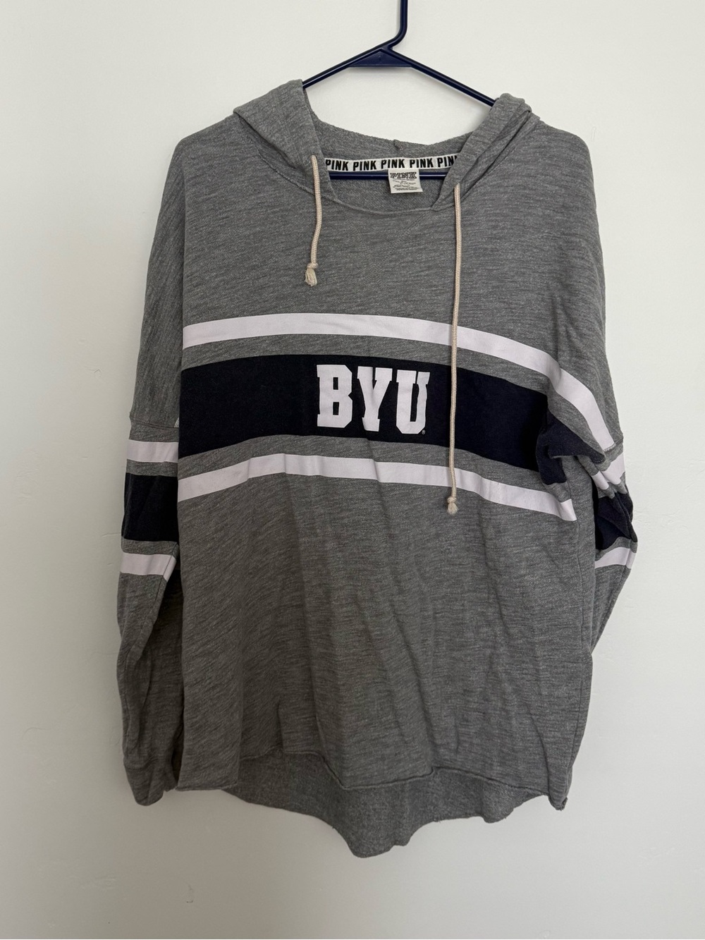 BYU Grey Hooded Pullover with White & navy Stripes